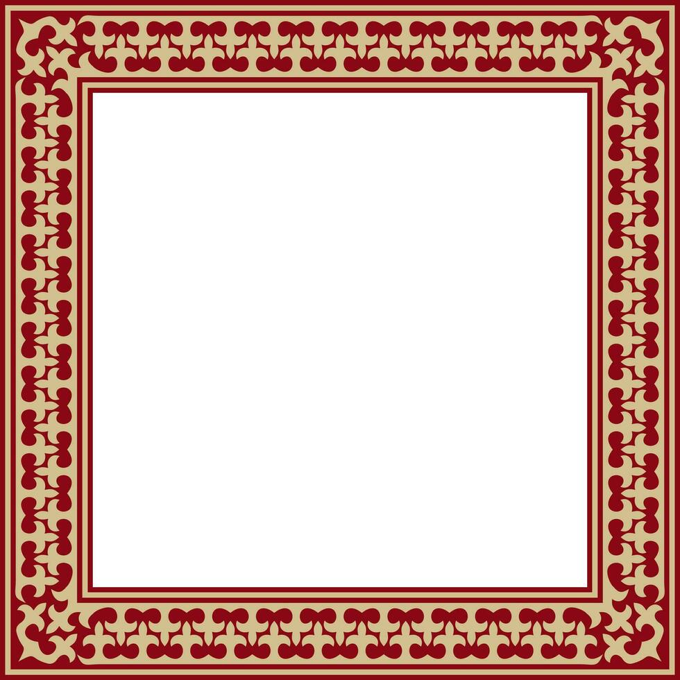 Vector red with gold Square Kazakh national ornament. Ethnic pattern of the peoples of the Great Steppe, .Mongols, Kyrgyz, Kalmyks, Buryats. Square frame border