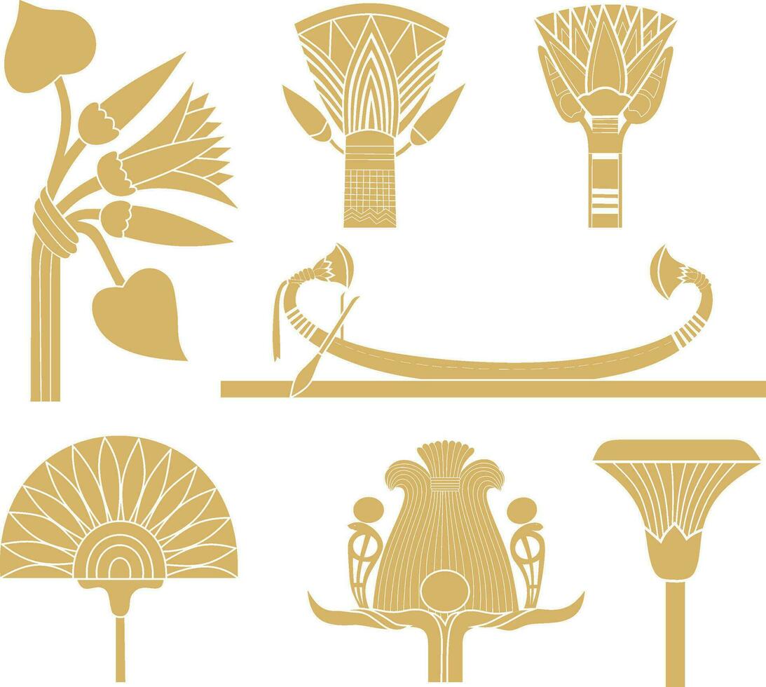 Vector gold monochrome set of ancient Egyptian signs and symbols. Lotus flower.