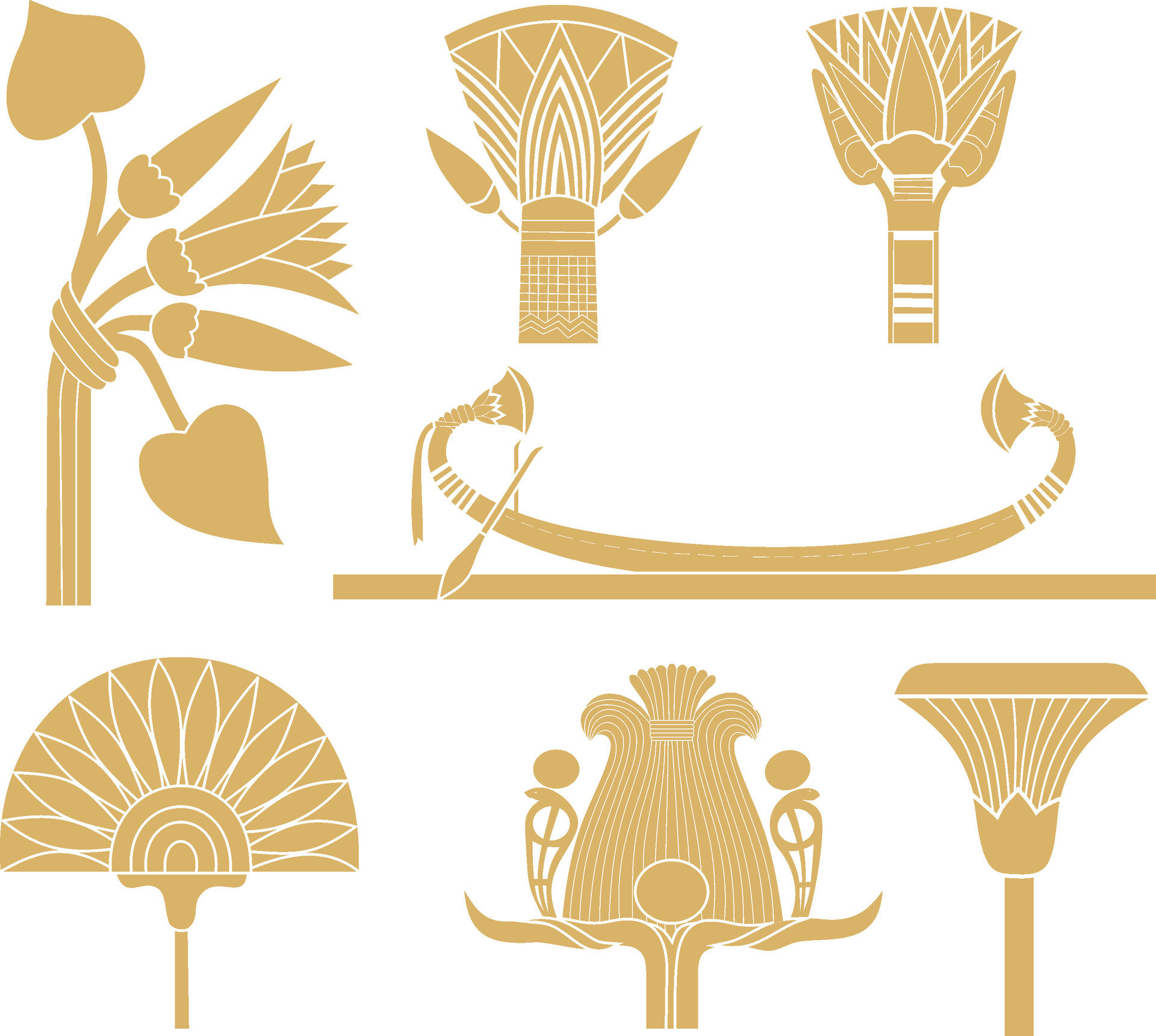 Vector gold monochrome set of ancient Egyptian signs and symbols. Lotus