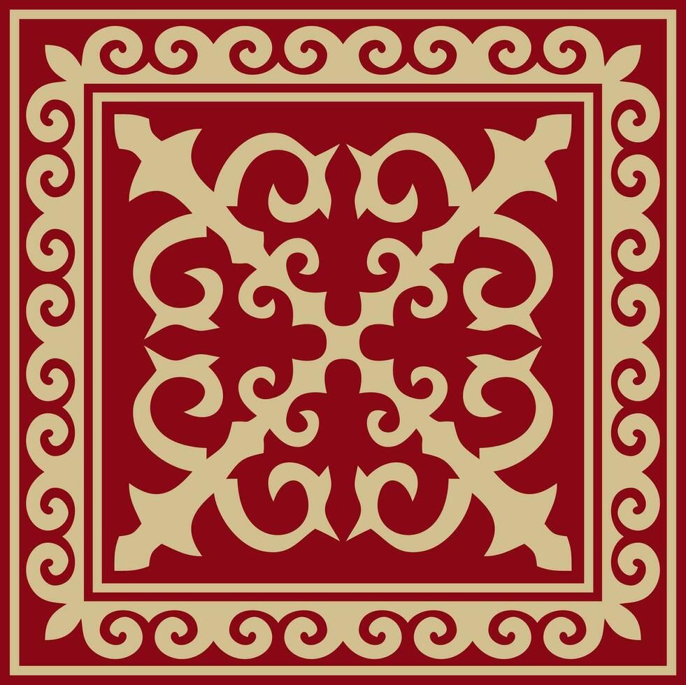 Vector red with gold Square Kazakh national ornament. Ethnic pattern of the peoples of the Great Steppe, Mongols, Kyrgyz, Kalmyks, Buryats