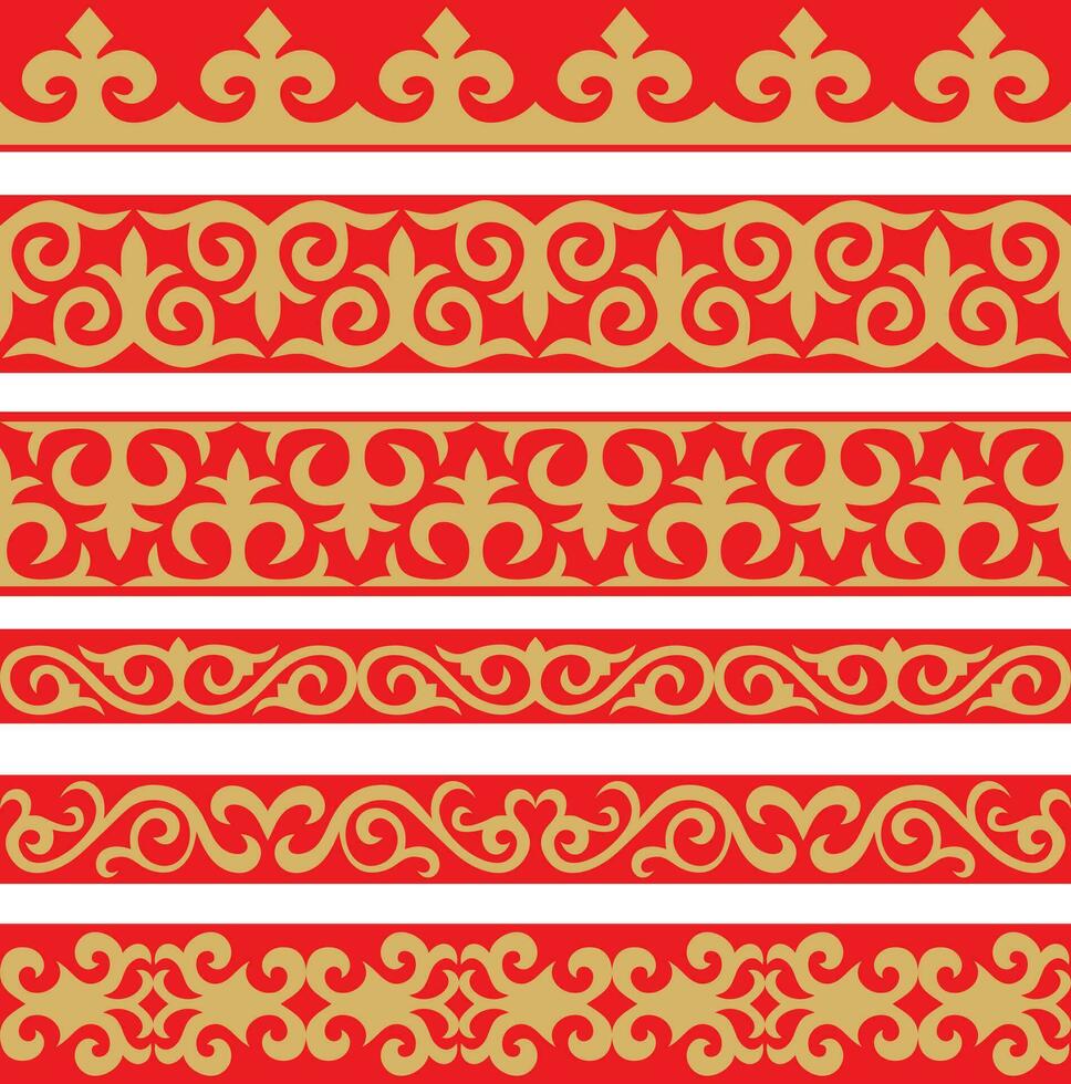 conjunto de vector oro y rojo sin costura kazakh nacional ornamento. étnico modelo de el nómada pueblos de el genial estepa, el turcos borde, marco mongoles, kirguís, entierros, kalmyks