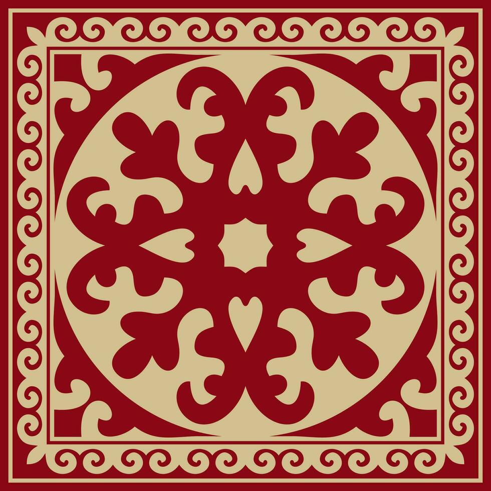 Vector red with gold Square Kazakh national ornament. Ethnic pattern of the peoples of the Great Steppe, Mongols, Kyrgyz, Kalmyks, Buryats