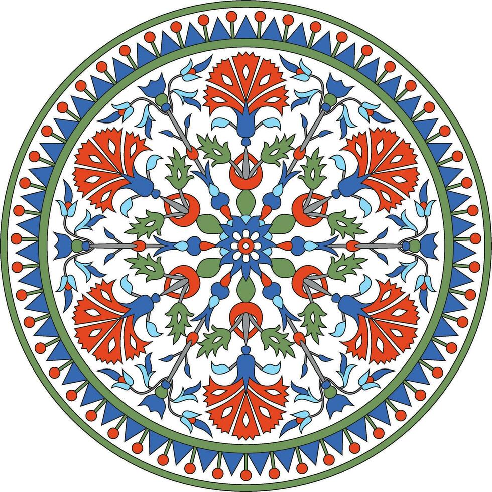 Vector colored round Turkish ornament. Ottoman circle, ring, frame. Muslim pattern for stained glass