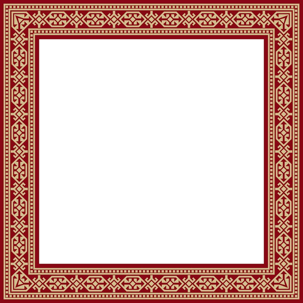 Vector red with gold Square Kazakh national ornament. Ethnic pattern of the peoples of the Great Steppe, .Mongols, Kyrgyz, Kalmyks, Buryats. Square frame border.