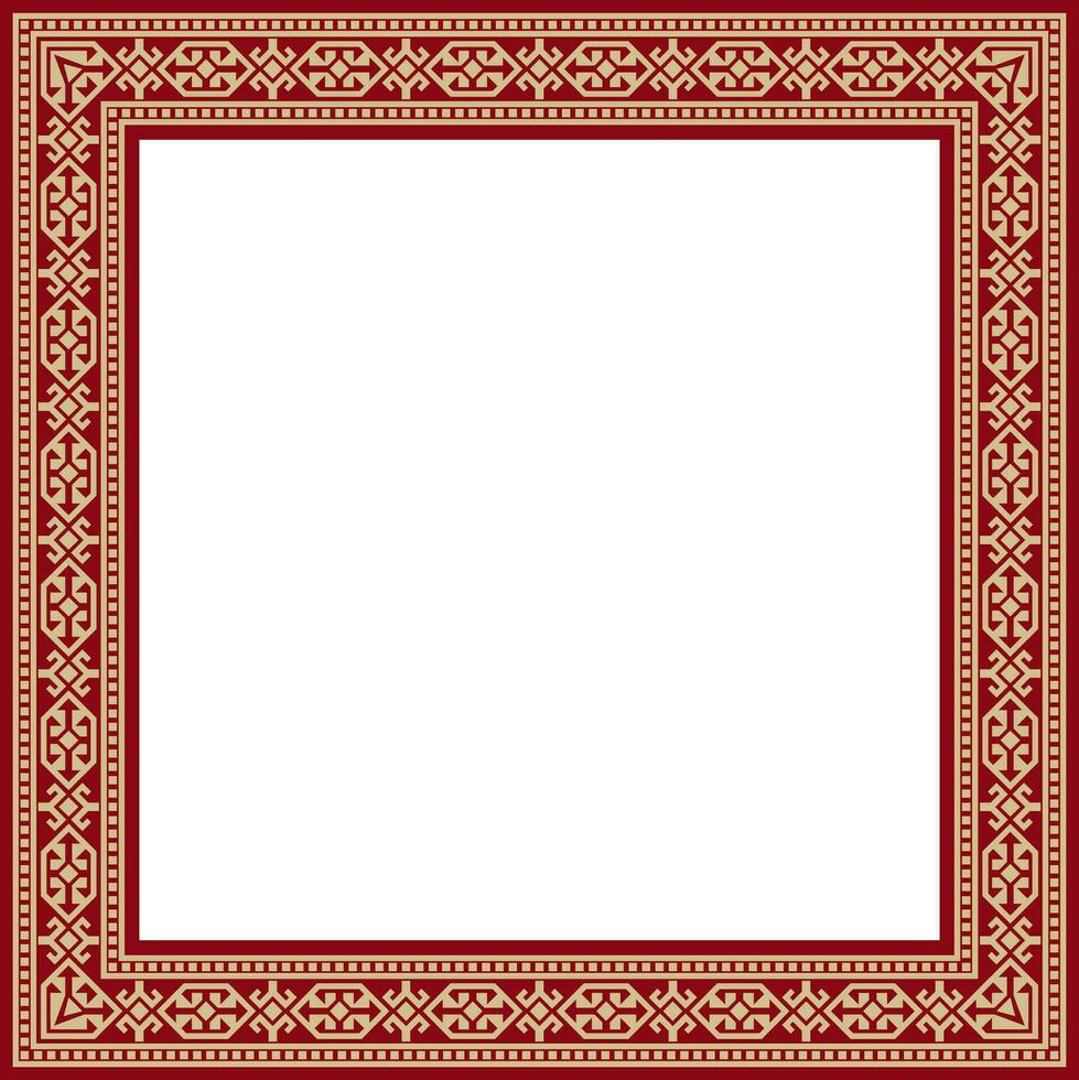 Vector red with gold Square Kazakh national ornament. Ethnic pattern of the peoples of the Great Steppe, .Mongols, Kyrgyz, Kalmyks, Buryats. Square frame border.