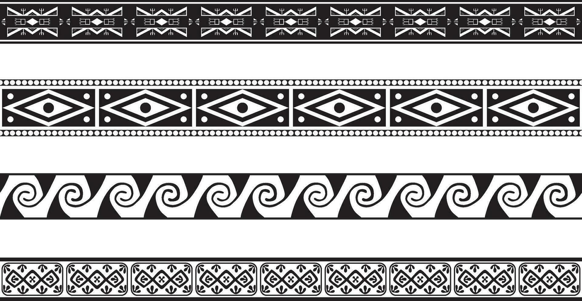 Vector set of seamless monochrome geometric Indian ornaments. Borders, frames, patterns of indigenous peoples of the Americas, Aztec, Maya, Incas.