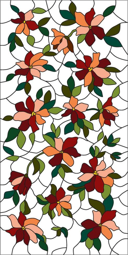 Vector template of stained glass window with flowers. Floral pattern for windows, doors, ceilings.
