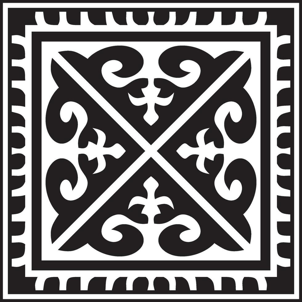 Vector black monochrome square Kazakh national ornament. Ethnic pattern of the peoples of the Great Steppe, .Mongols, Kyrgyz, Kalmyks, Buryats