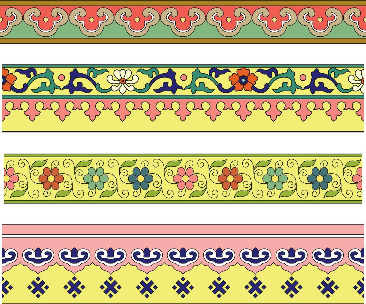 vector conjunto de sin costura de colores chino adornos fronteras, marcos, patrones de el pueblos de el este, Asia, Taiwán, hong kong, Corea, Japón, Indonesia.