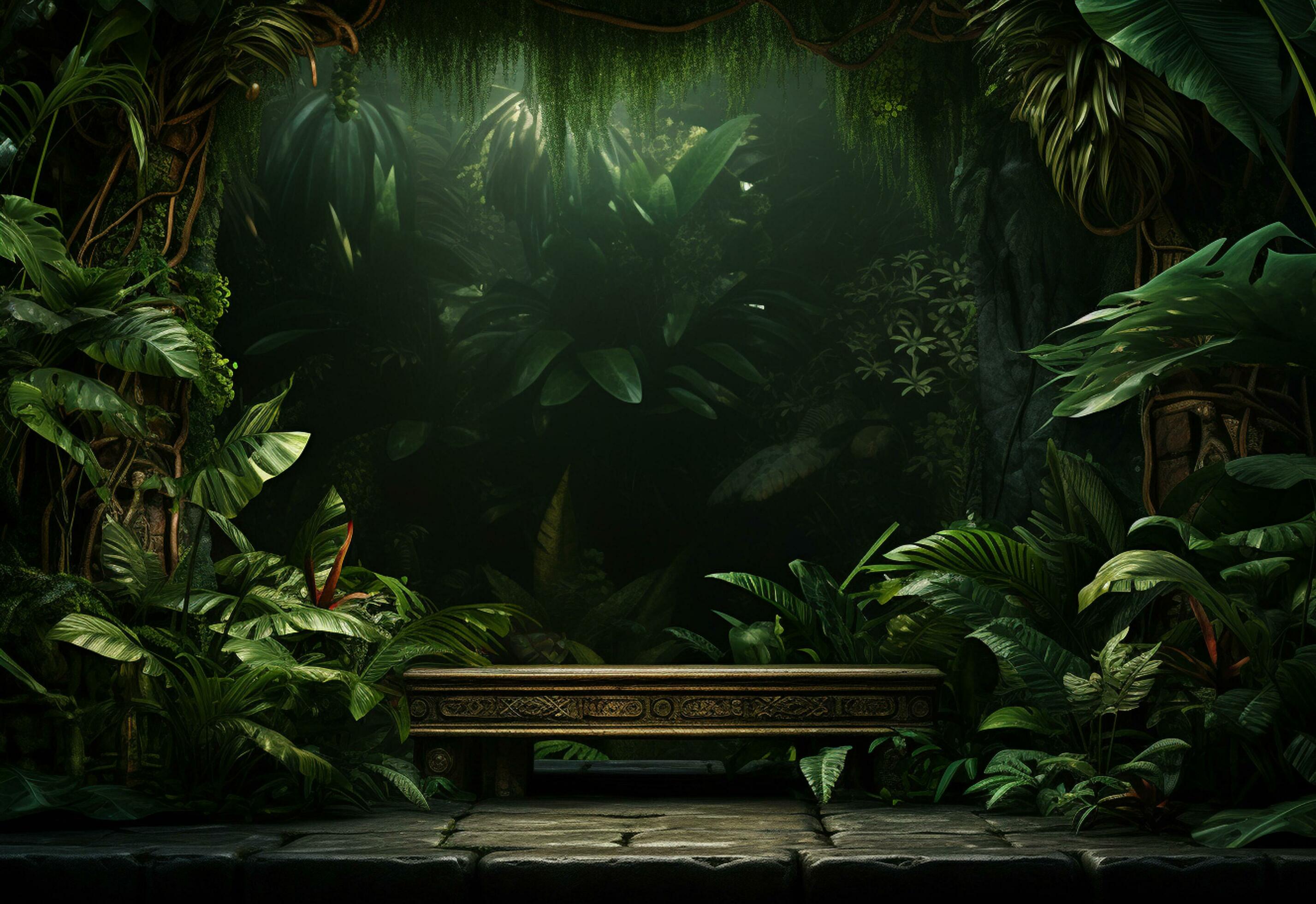 Beautiful jungle background with border made of tropical leaves