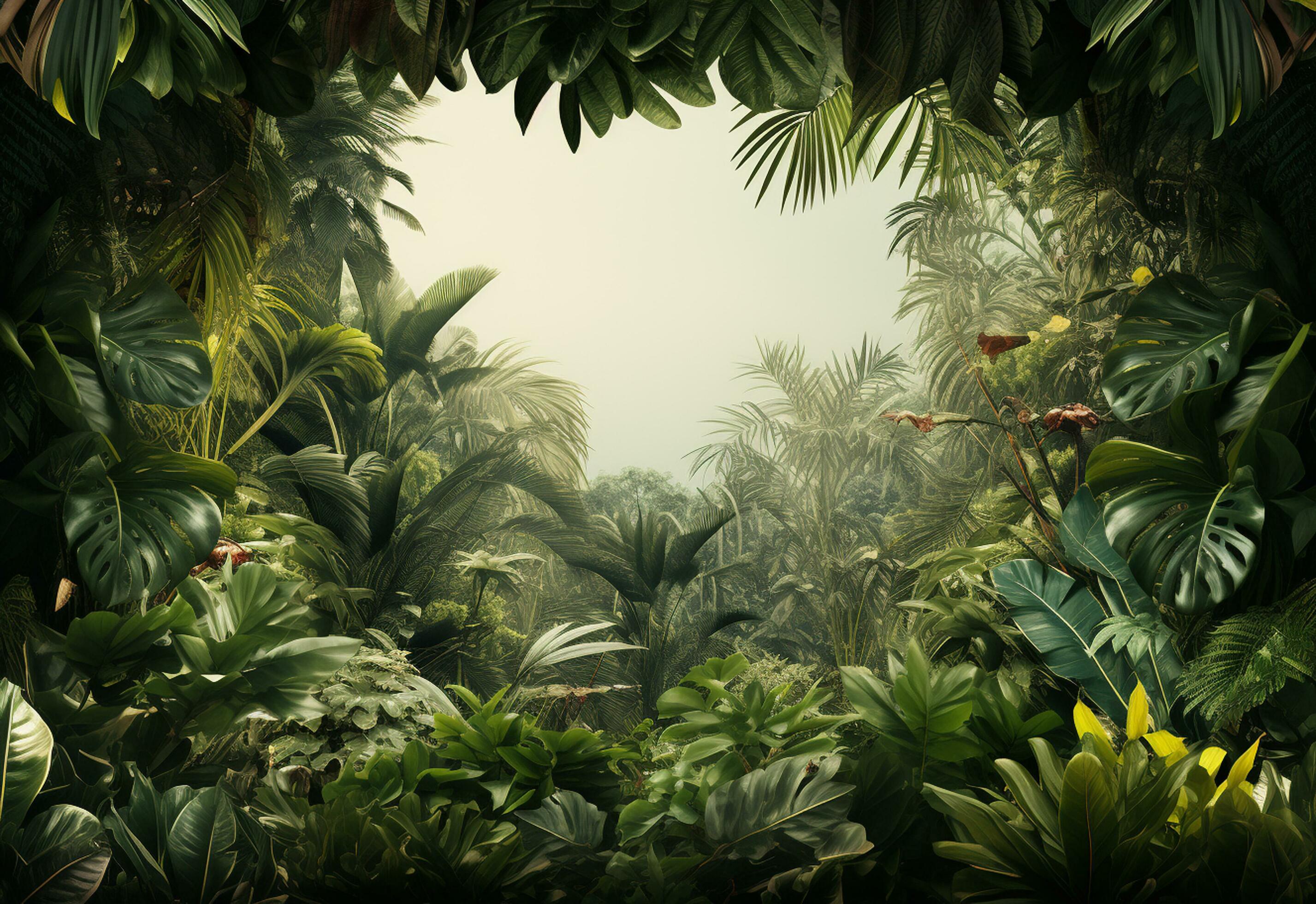 Beautiful jungle background with border made of tropical leaves