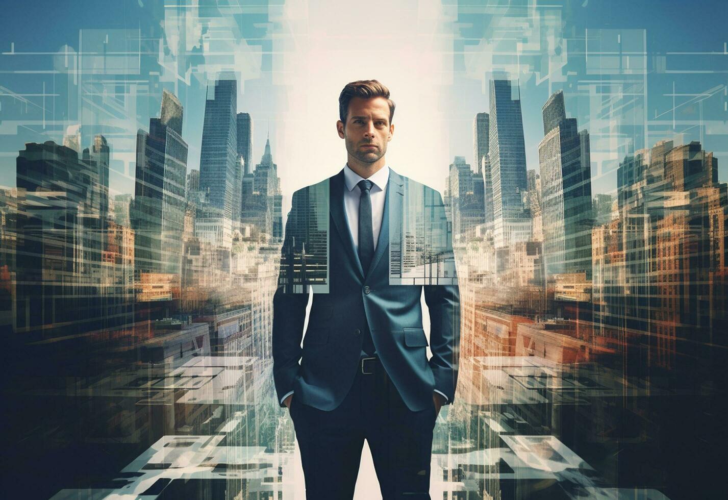 Ai generative A Double Exposure of a Businessman in the Cityscape Embodies Success and Future Plans photo