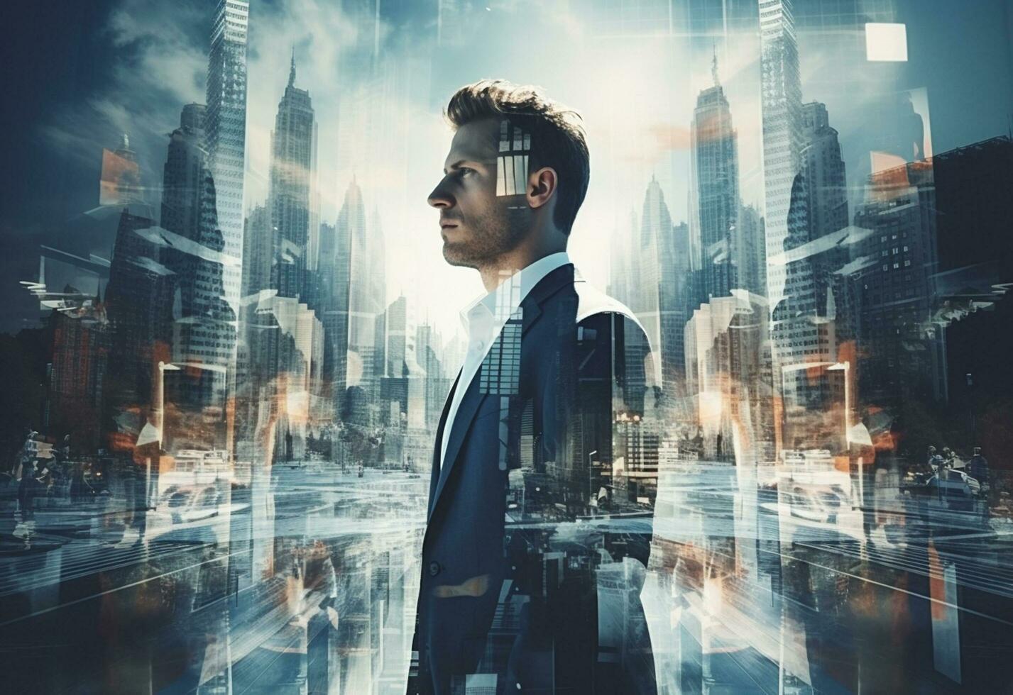 Ai generative A Double Exposure of a Businessman in the Cityscape Embodies Success and Future Plans photo