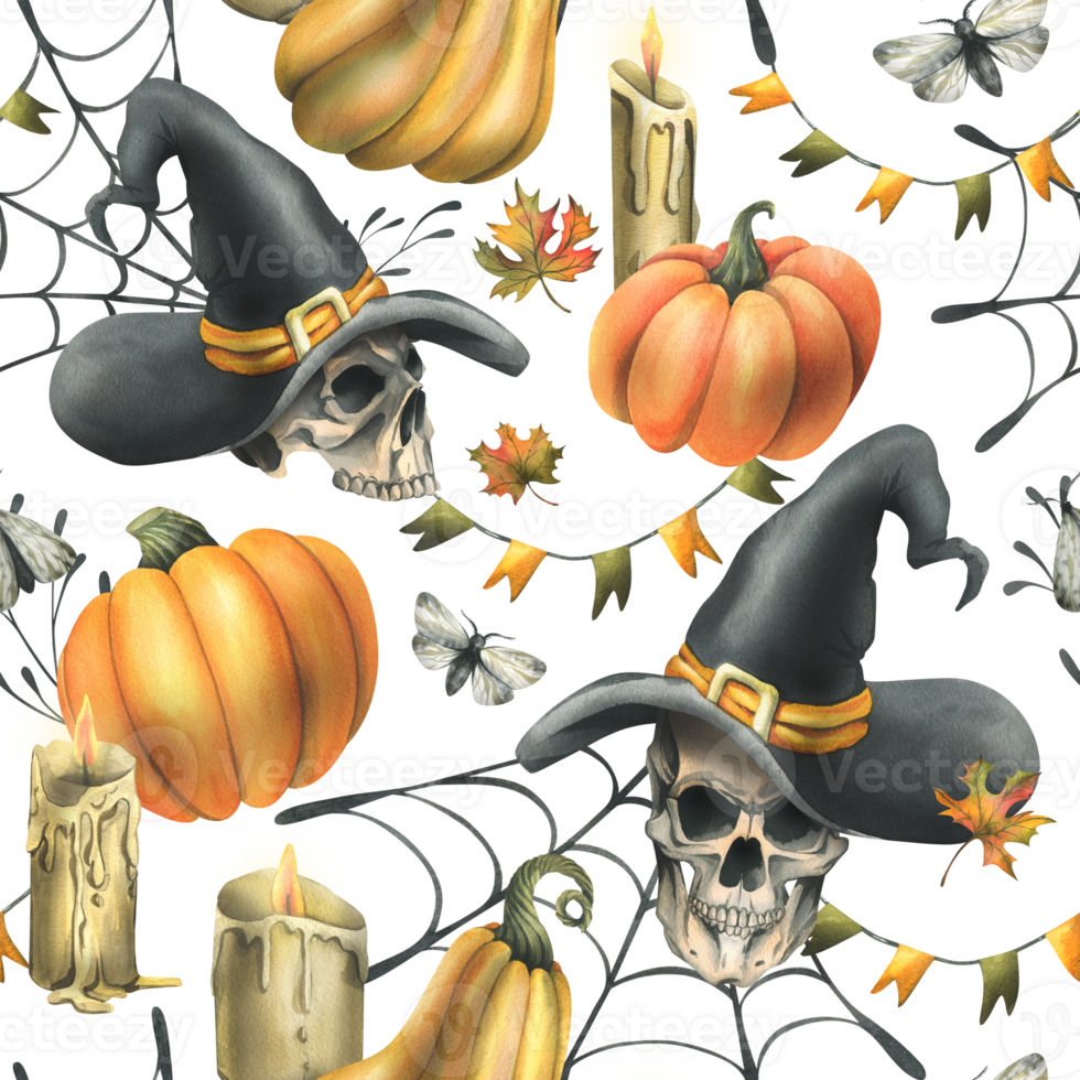 Humain crânes dans une noir sorcière chapeau, Orange citrouilles, toiles d'araignées, bougies et l'automne érable feuilles. main tiré aquarelle illustration pour Halloween. sans couture modèle png