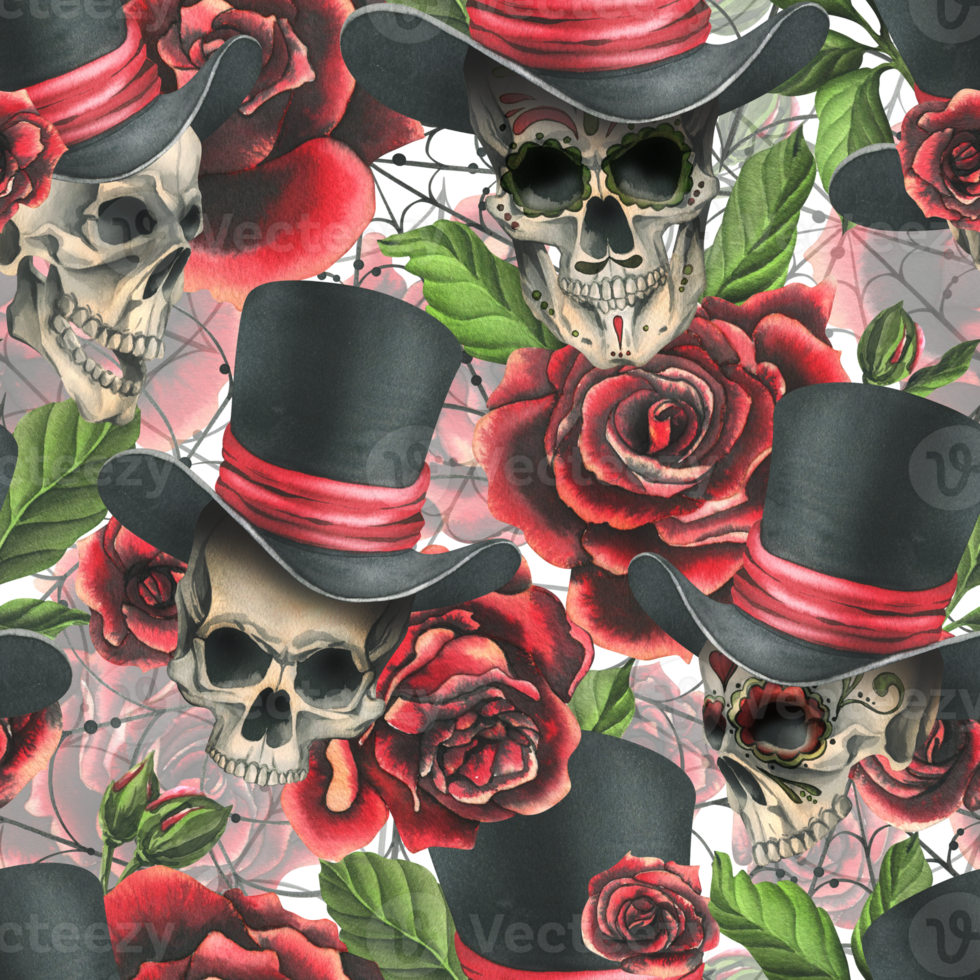 Human skull in a top hat with red roses and cobwebs. Hand drawn watercolor illustration for Halloween, day of the dead, Dia de los muertos. Seamless pattern png