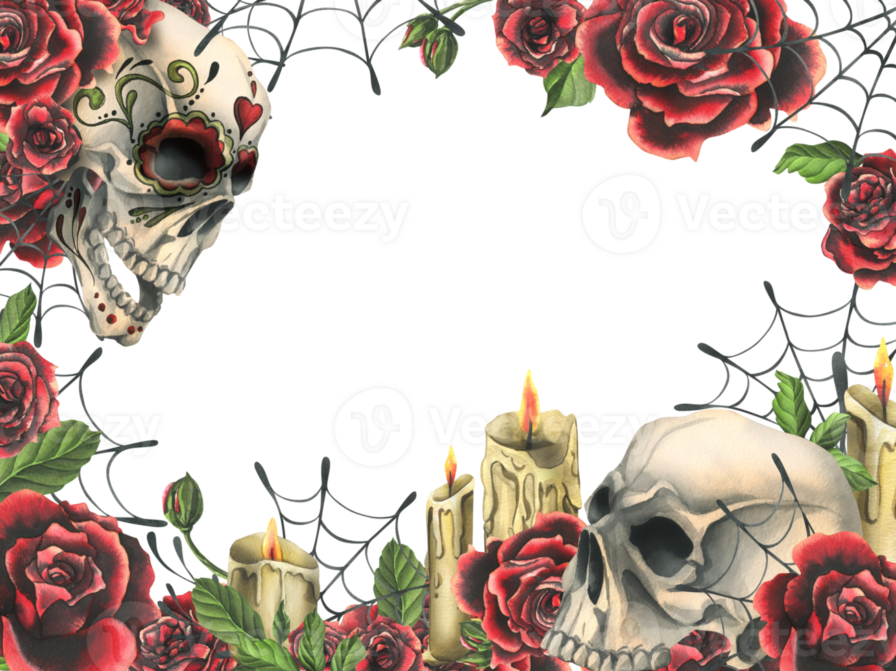 ornementé Humain crâne avec rouge des roses, bougies et toiles d'araignées. main tiré aquarelle illustration pour journée de le mort, Halloween, dia de los morts. carré cadre, modèle png