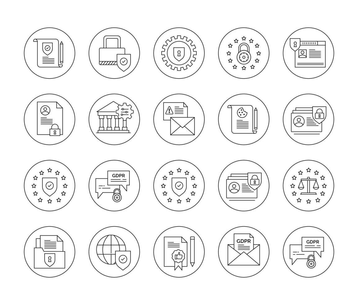 GDPR Privacy Policy Icon Set. GDPR Compliance Icons Data Privacy Assurance. Shielding Personal Data. Vector Editable Stroke Icons.
