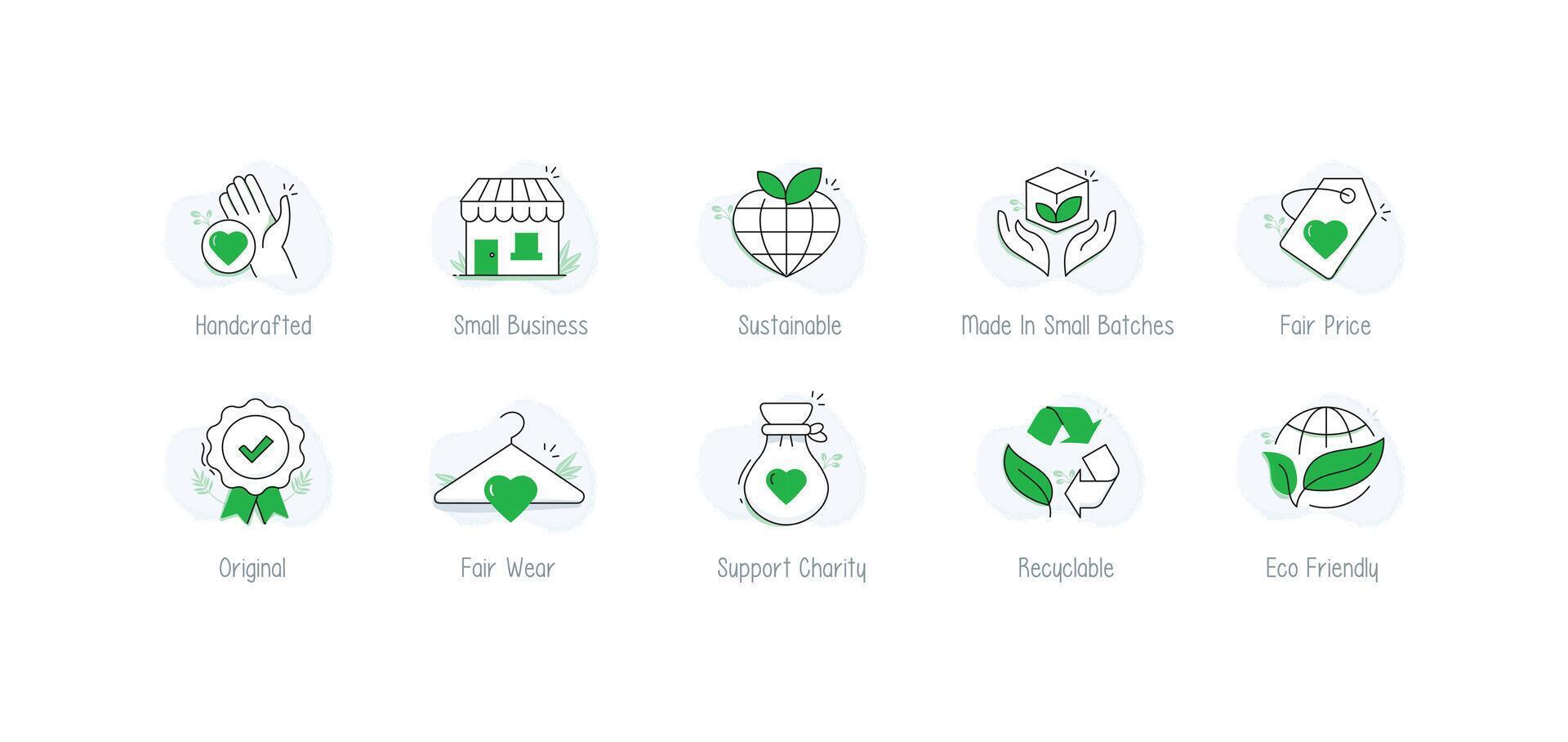 Sustainable and Ethical Handmade Icons. Artisanal Icons for Sustainable Brands. Ethical Handmade Icons for Eco-Friendly Brands. vector