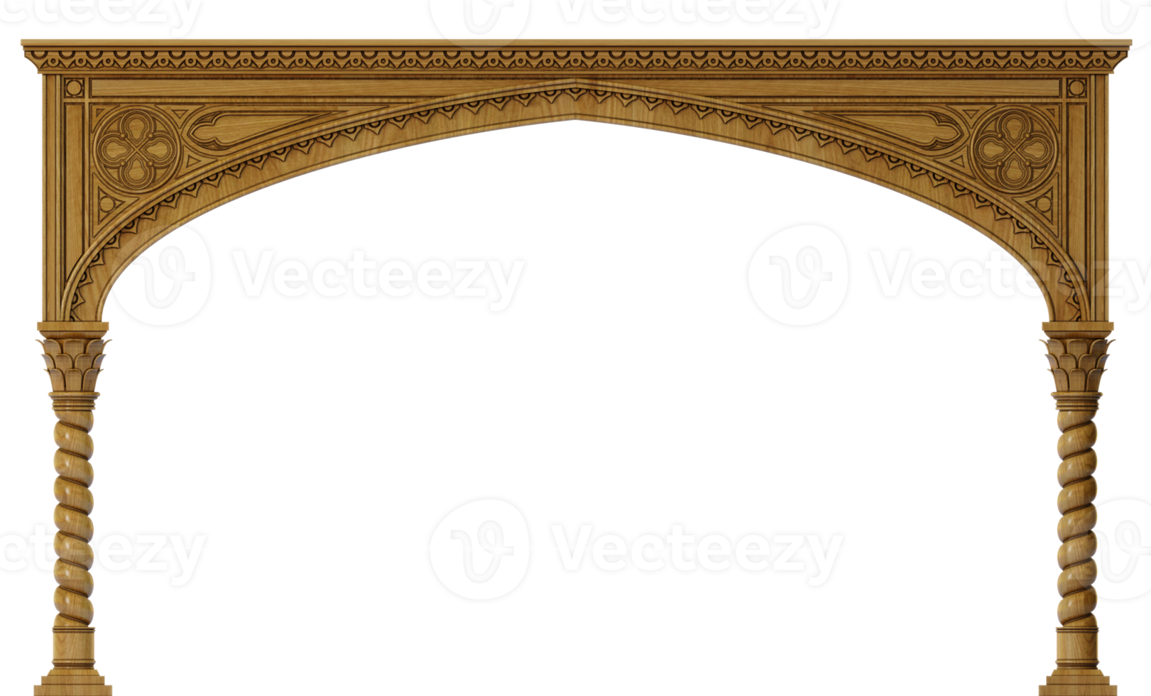3D illustration. Wide Gothic arch portal made of wood. Background or frame png