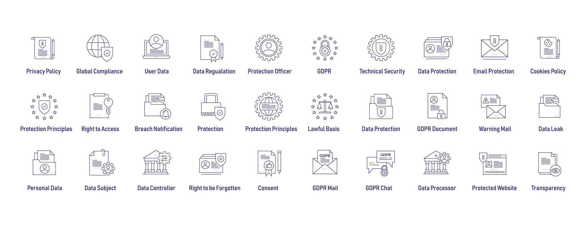 Comprehensive GDPR Privacy Policy Icon Set for Enhanced Data Protection. Vector Editable Stroke Icons.