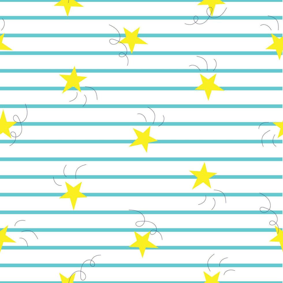 Vector seamless abstract pattern with striped blue lines and yellow stars in cartoon style