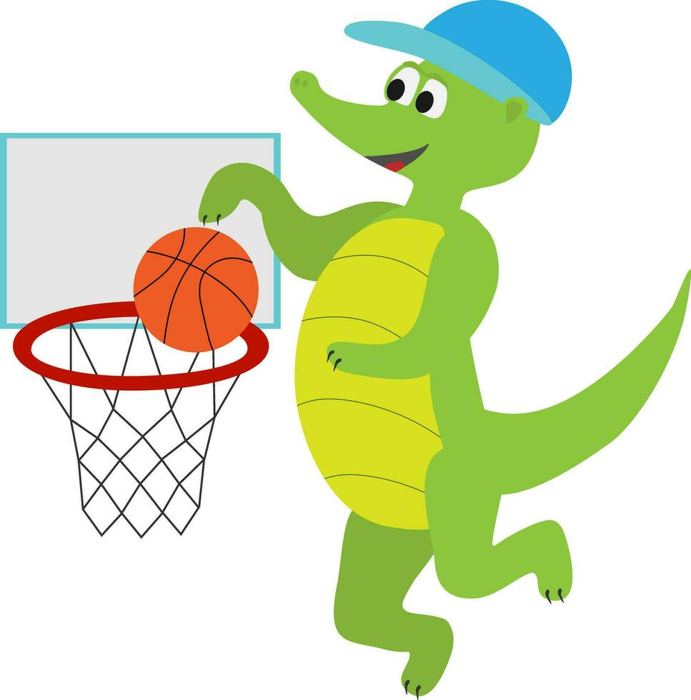 Vector illustration of crocodile cartoon character with basketball ball and hoop