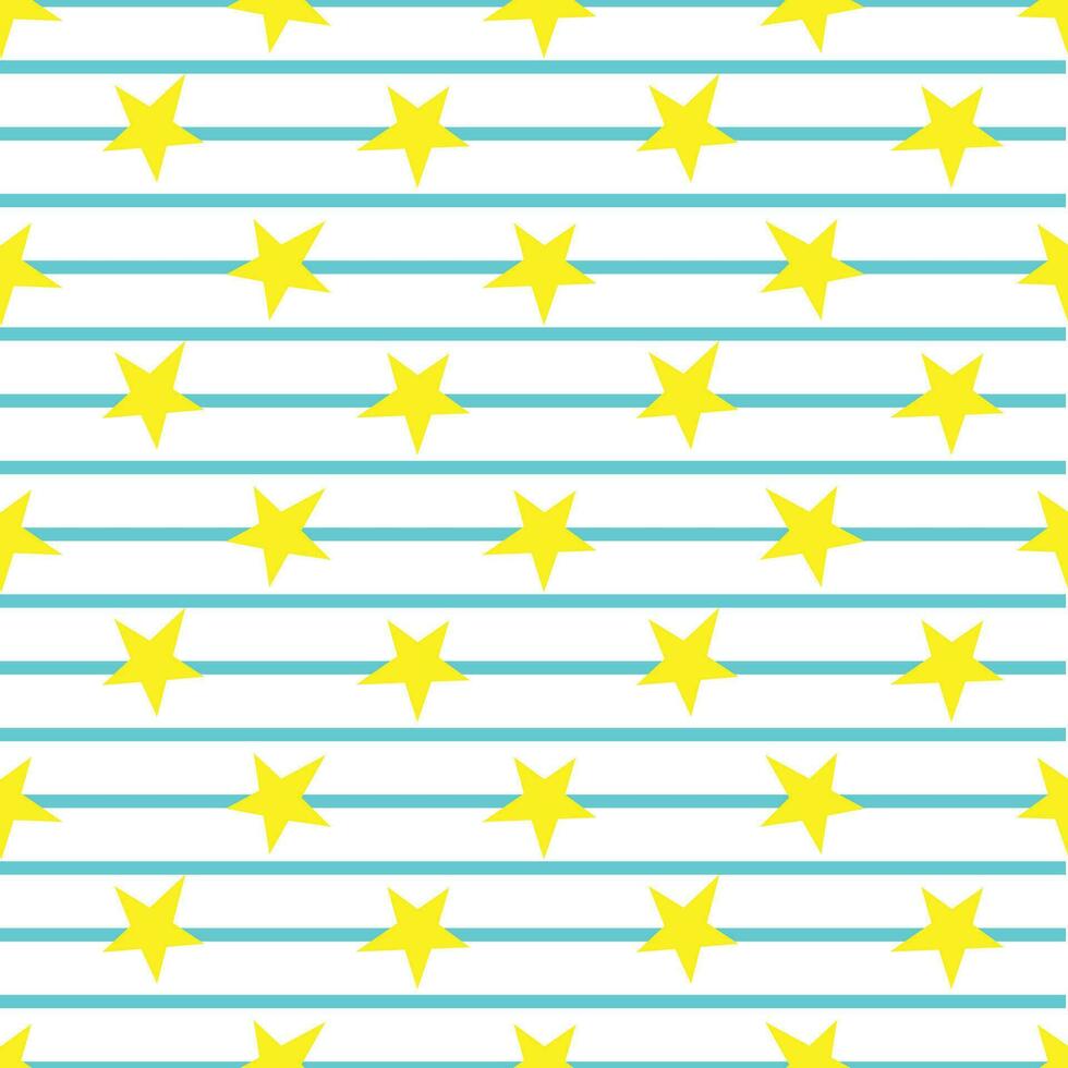 Vector seamless abstract pattern with striped blue lines and yellow stars in cartoon style