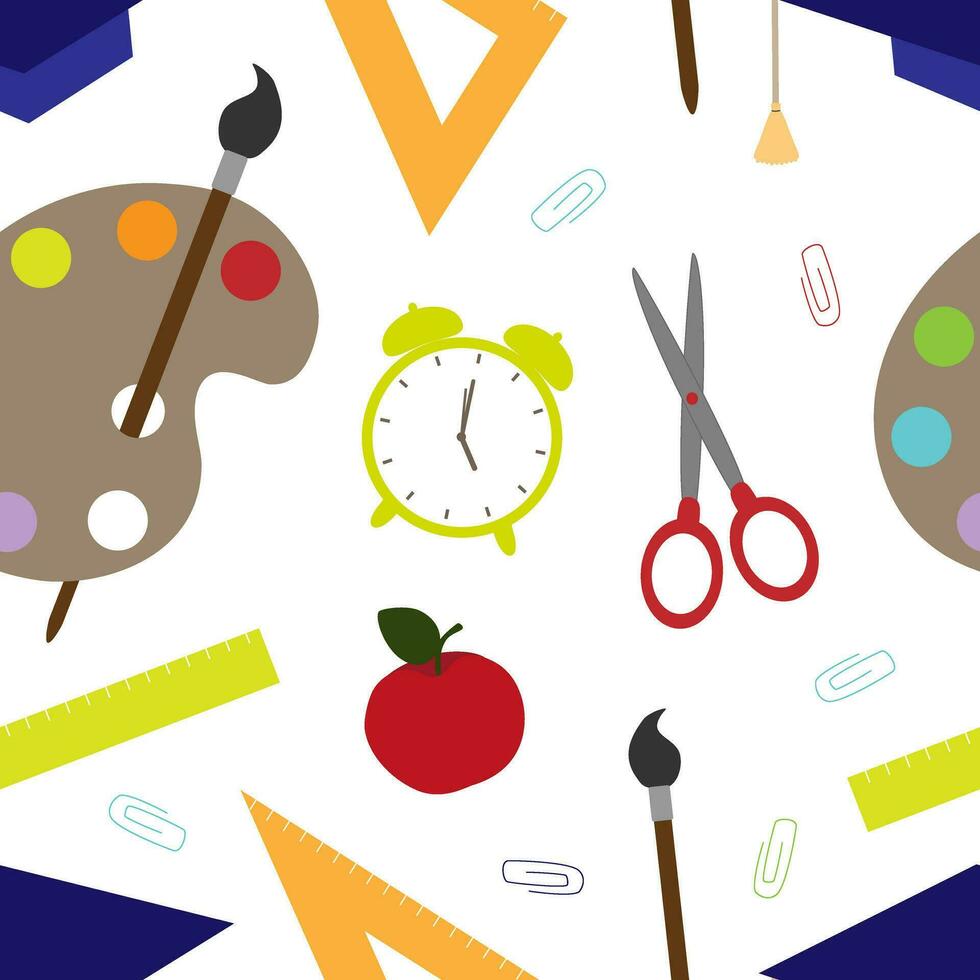 Vector seamless pattern for back to school design with stationery in cartoon style