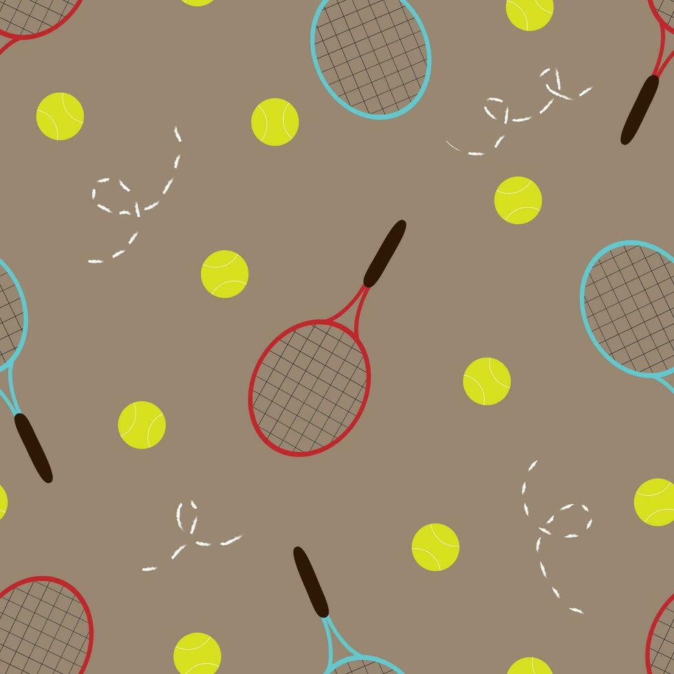 Vector seamless pattern with tennis rackets and balls in cartoon style. Vector tennis background