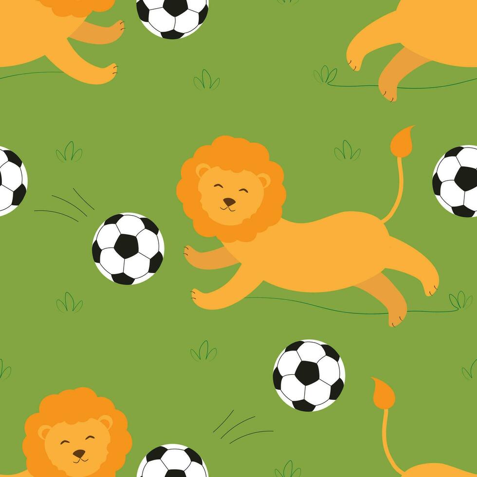 Vector seamless pattern with lions plying with soccer ball in the grass in cartoon style