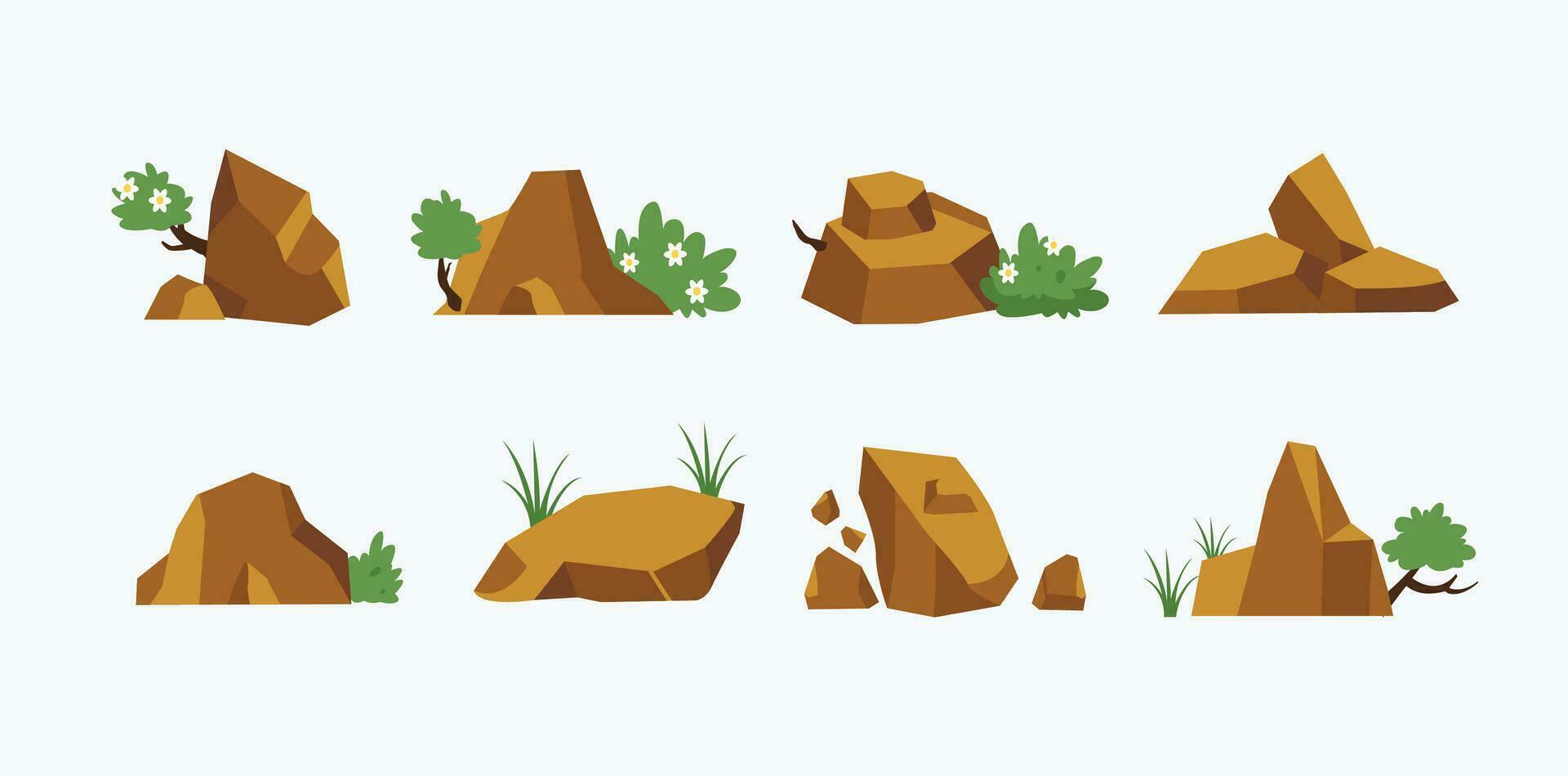 conjunto de paisaje íconos tipos de rocas y arbustos, naturaleza vector ilustración