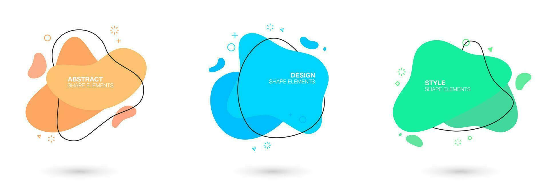 Set of abstract liquid shape graphic elements with black line. Colored fluid amoeba elements for minimal banner, logo. vector