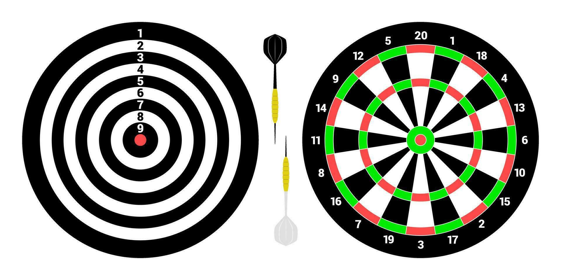 Two classical Dartboards for playing darts. Two darts black and white. Flat style. isolated vector