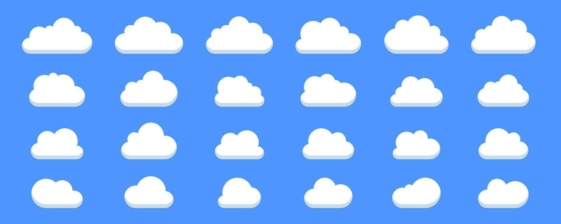 Set of cartoon clouds. Clouds with flat bottom collections in flat style isolated on blue background. vector