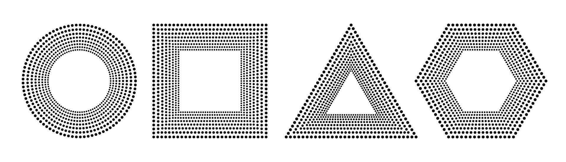 Set of black thick halftone dotted speed lines. Square, Triangle, Hexagon, Circle art for frame, logo. vector