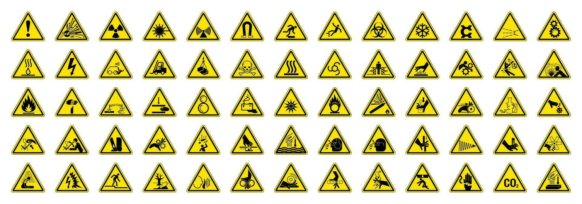 Big Set of 65 isolated hazardous symbols on yellow round triangle board warning sign vector