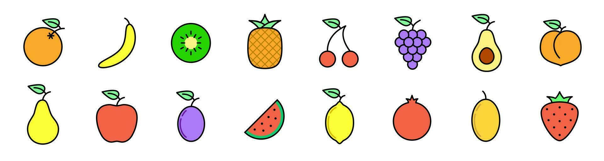 Set of colorful fruit vegan icons orange, banana, kiwi, pineapple, cherry, grape, apple, lemon. Vector illustration.