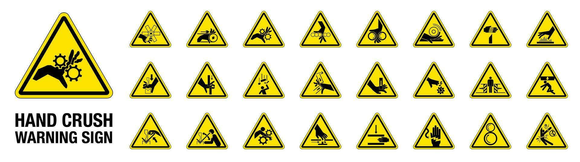 Set of 24 isolated Hand Crush Force hazardous symbols on yellow round triangle board warning sign vector