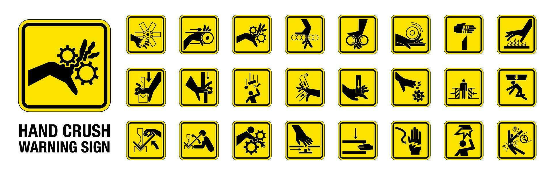 Set of 24 isolated Hand Crush Force hazardous symbols on yellow round square board warning sign vector