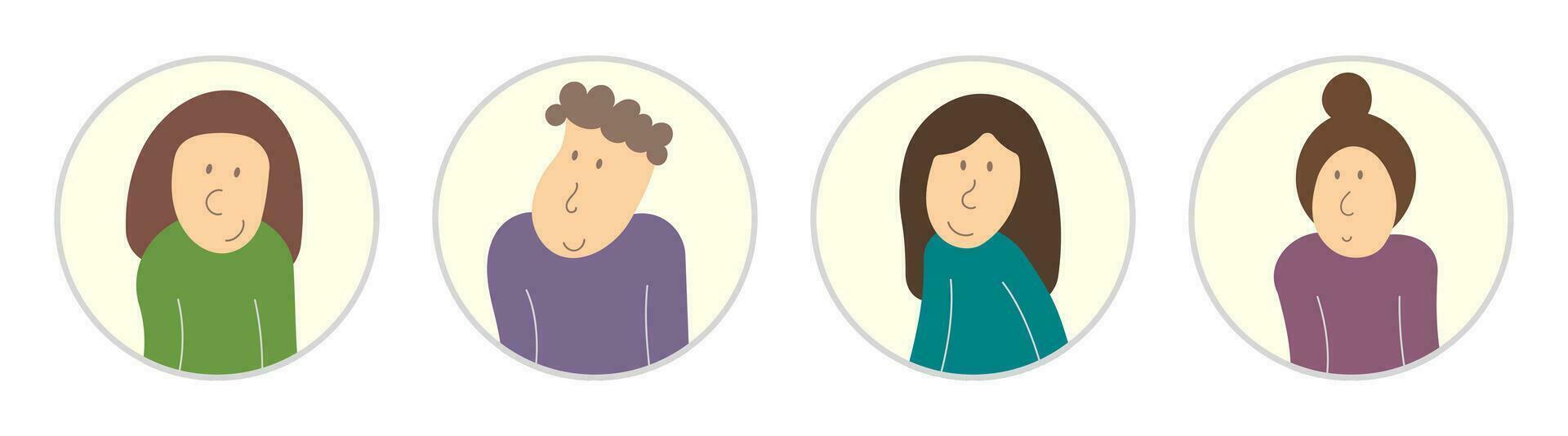 Set of 4 user avatar. People avatar profile icons. Male and female faces. Men and women portraits. Vector illustration.