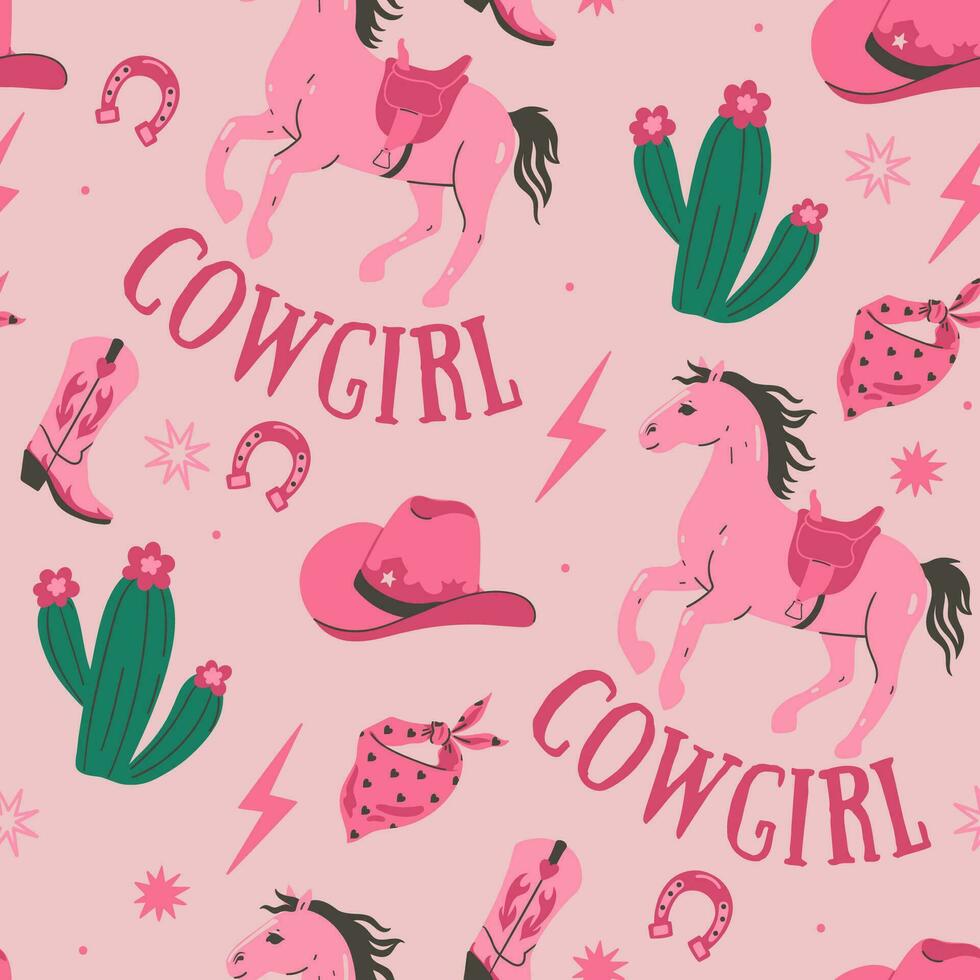 Seamless pattern in trendy pink colors with cowboy boots, horses, cacti, hats, bandanas. Vector graphics.