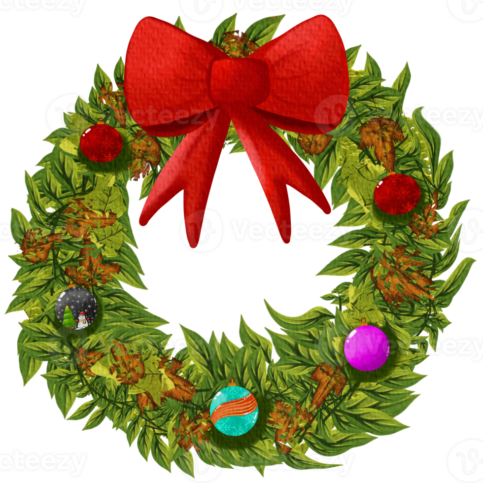 a christmas wreath with red ribbon and balls on it png