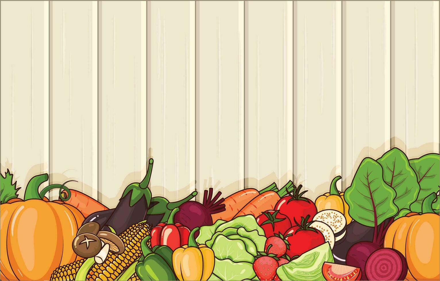 Vegetables and Fruit with Wooden Background vector