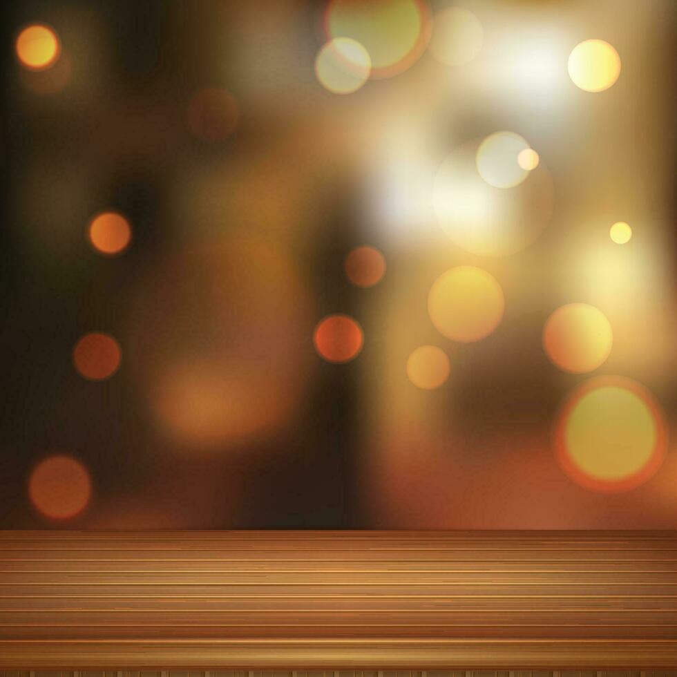 Empty wooden table and bokeh lights background, vector illustration.