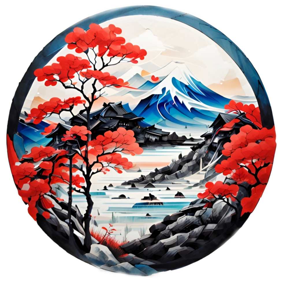 Japanese Style Mountain And Tree Sticker Ai Generative png