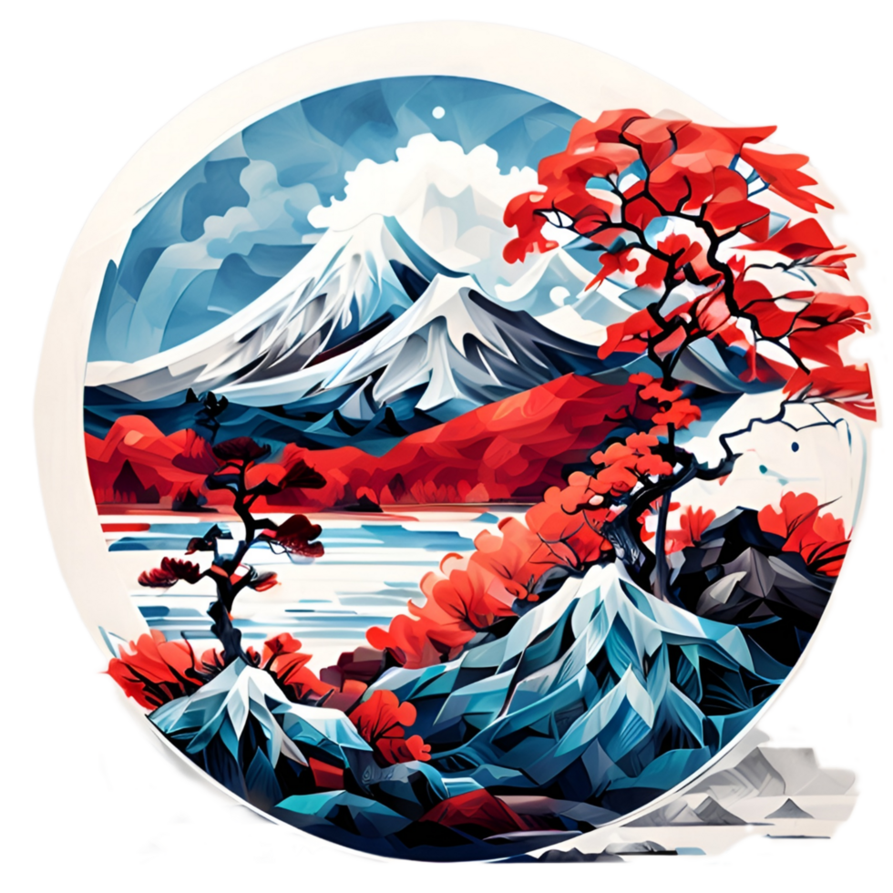 Japanese Style Mountain And Tree Sticker Ai Generative png