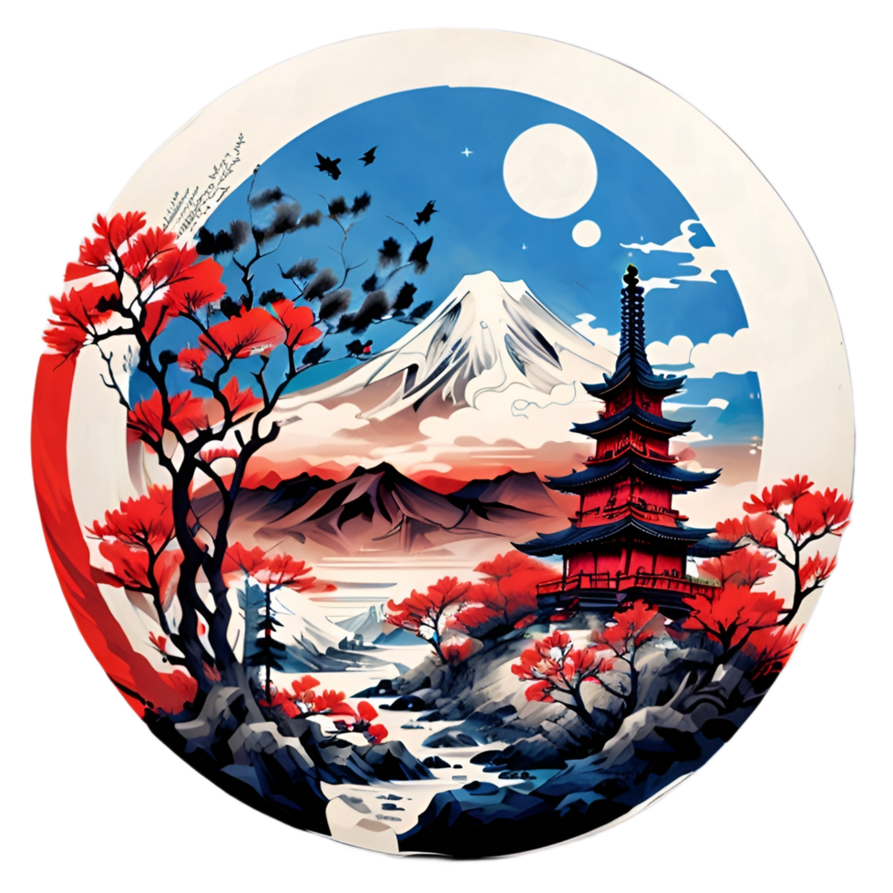 Japanese Style Mountain And Tree Sticker Ai Generative png