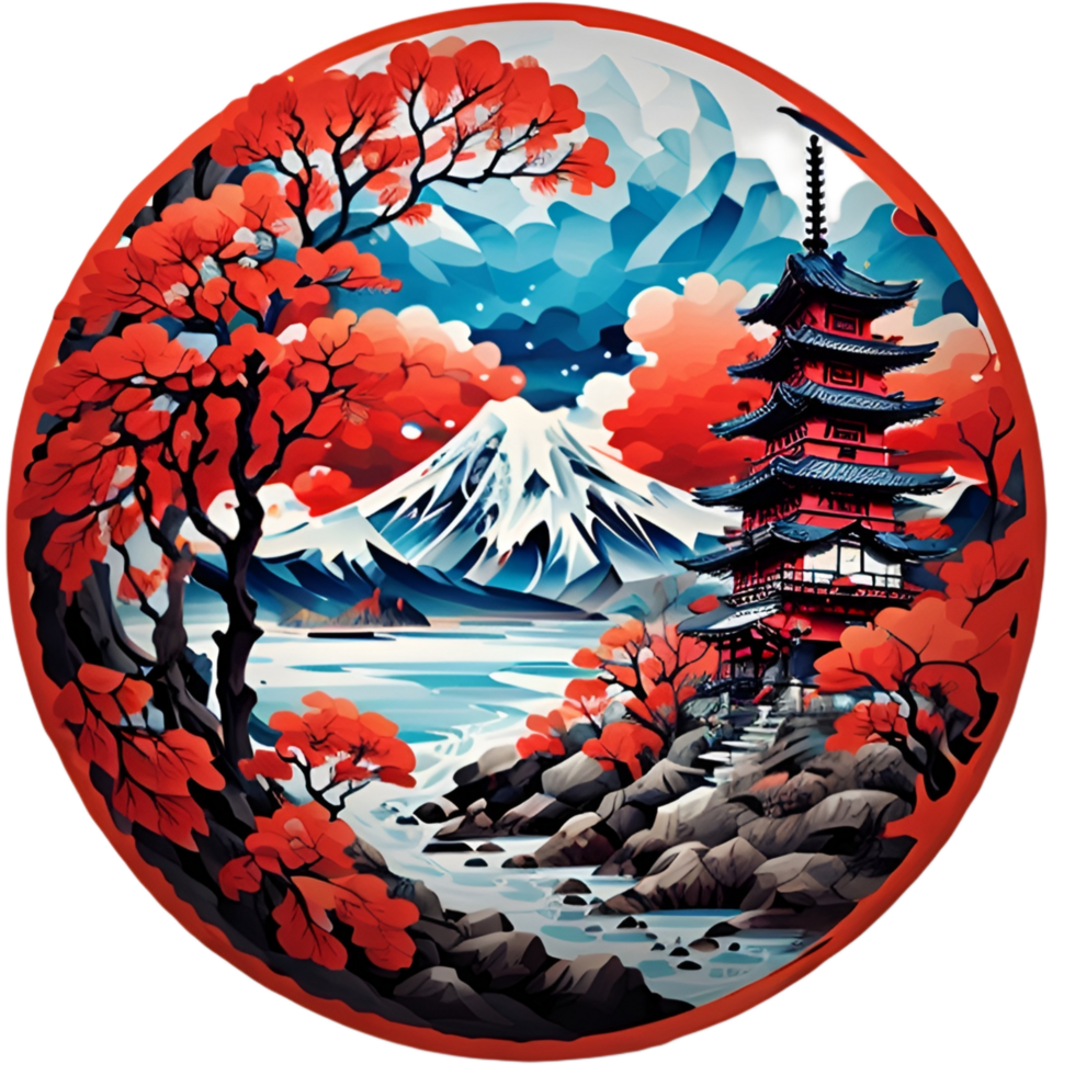Japanese Style Mountain And Tree Sticker Ai Generative png