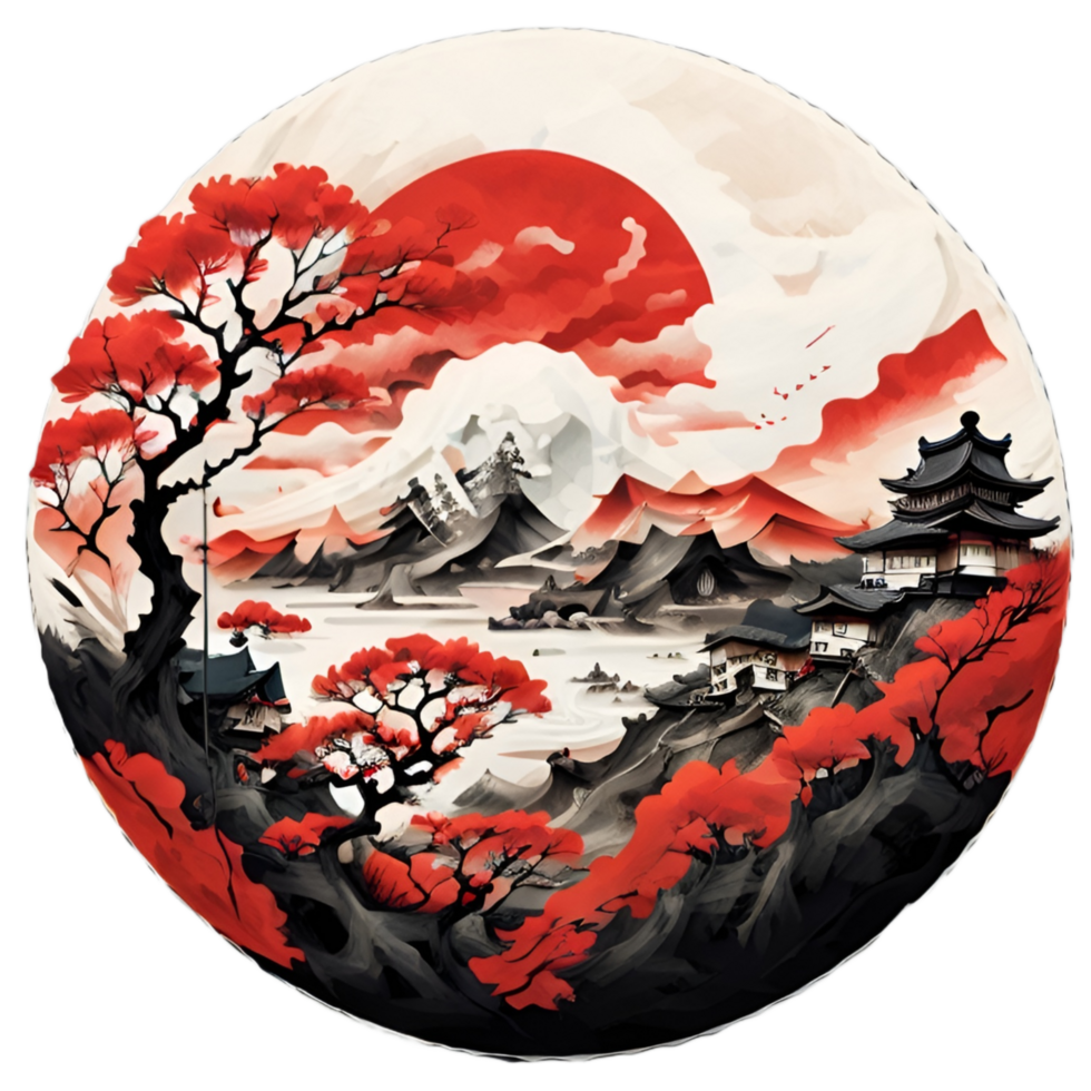Japanese Style Mountain And Tree Sticker Ai Generative png