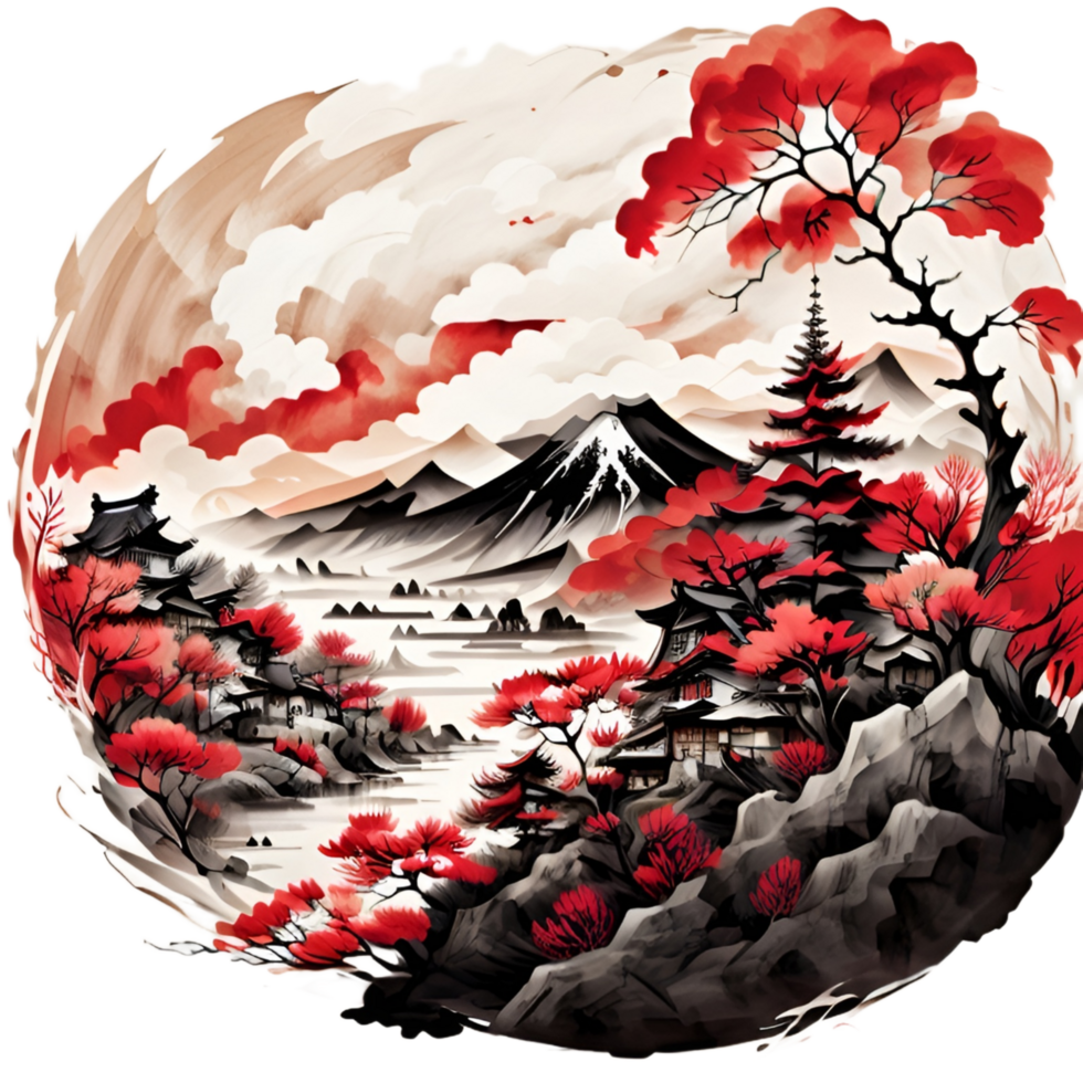 Japanese Style Mountain And Tree Sticker Ai Generative png